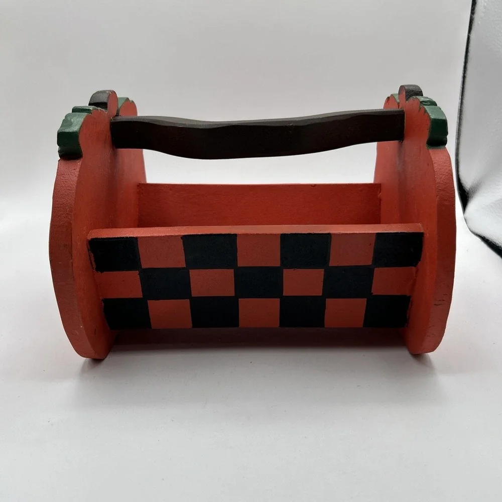 Pumpkin Wood Caddy Halloween Decor Orange Checkered Folk Art Hand Painted